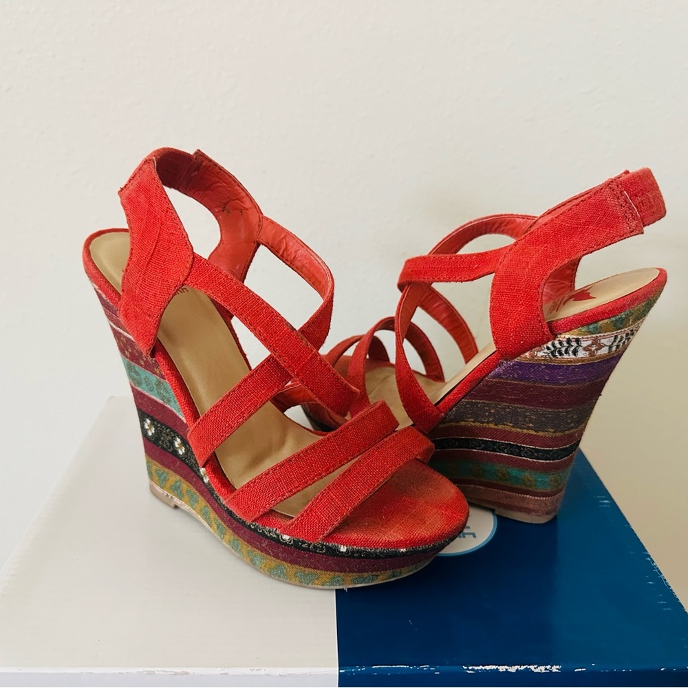 Shiekh Orange & Multi Wedge Sandals with Crisscross Straps